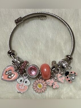 Stainless Steel Pink Charm Bangle Bracelet with Flower, Owl & Bow Charms